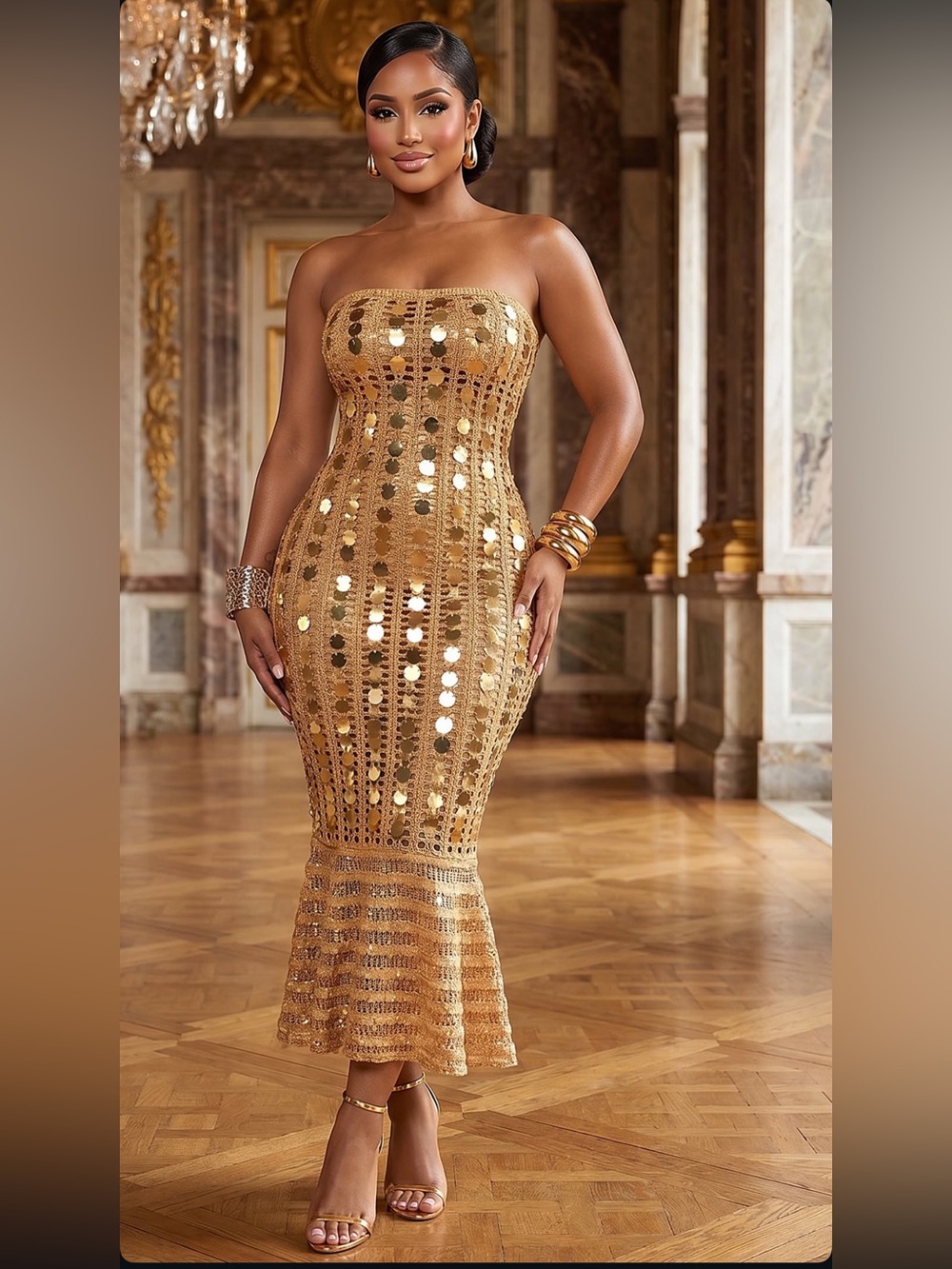 Strapless Gold Crochet Mermaid Midi Dress